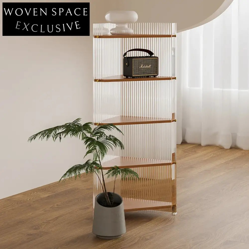 Stylish Corner Glass Wood Display Storage Rack, Modern Triangular Shelf Unit