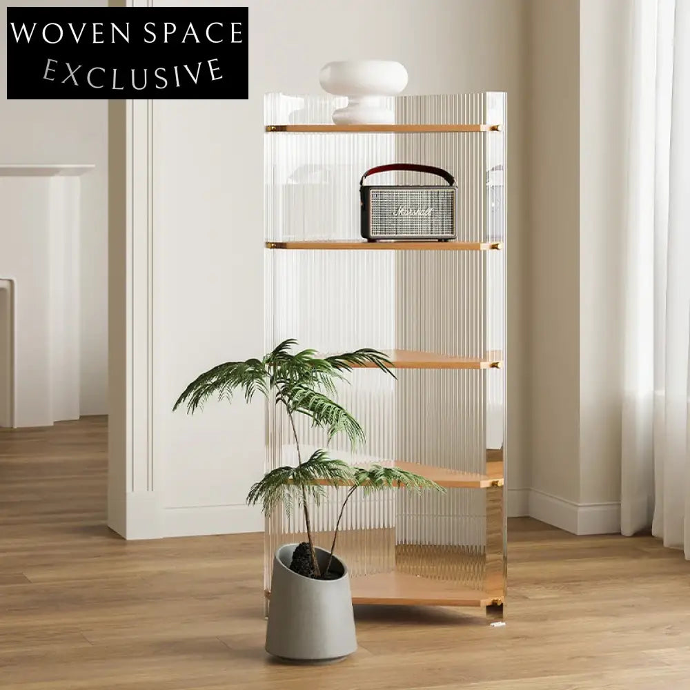 Stylish Corner Glass Wood Display Storage Rack, Modern Triangular Shelf Unit