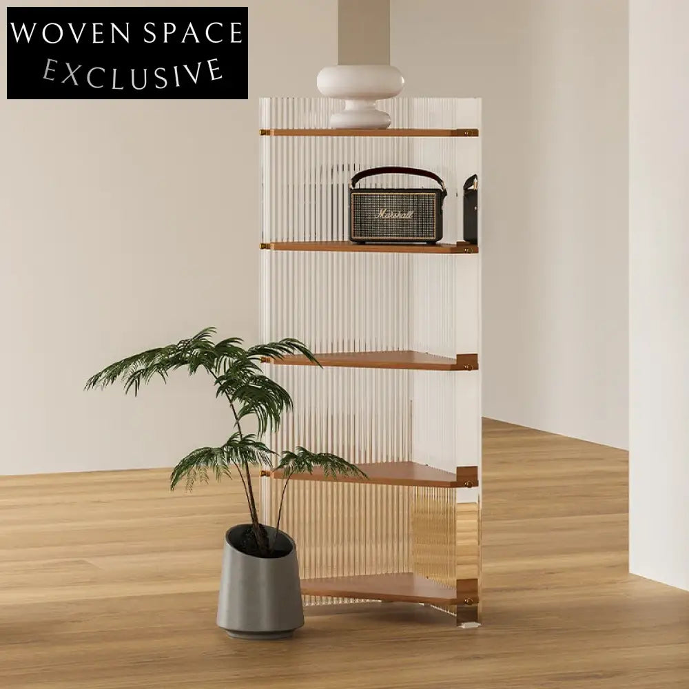 Stylish Corner Glass Wood Display Storage Rack, Modern Triangular Shelf Unit