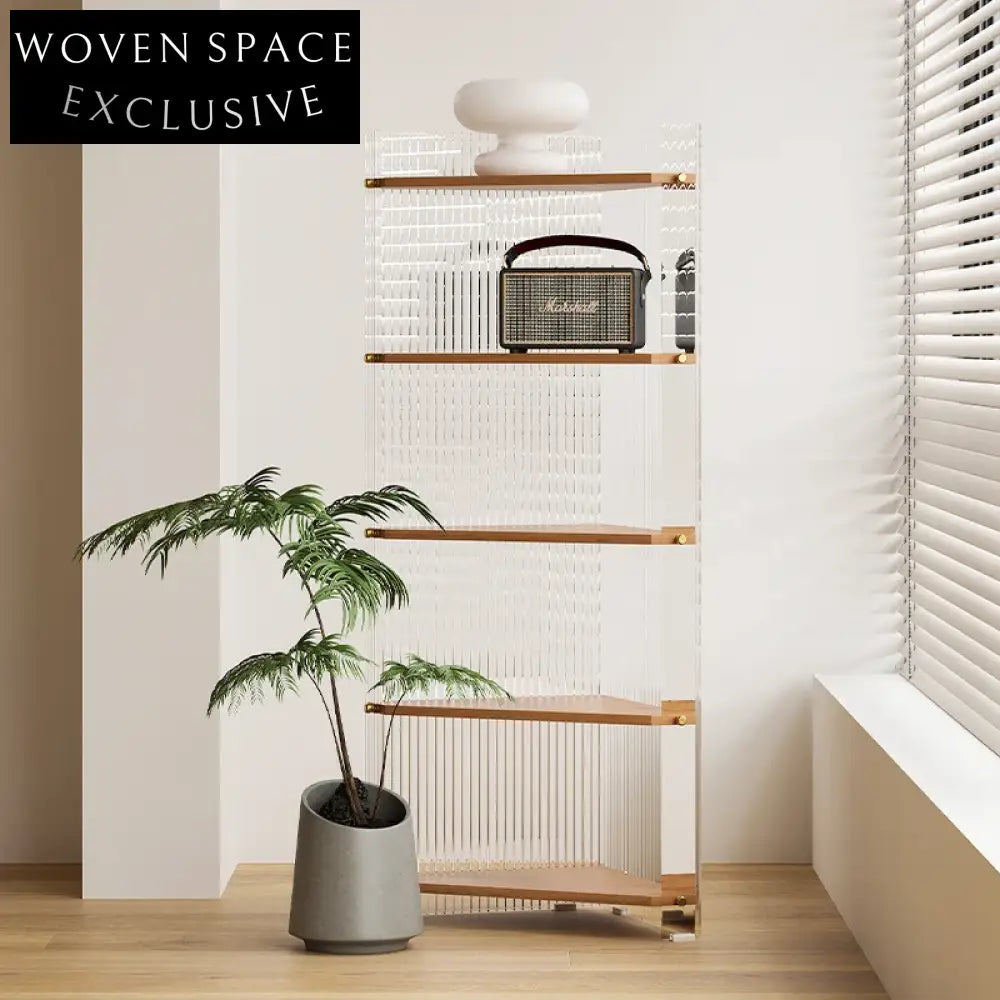 Stylish Corner Glass Wood Display Storage Rack, Modern Triangular Shelf Unit