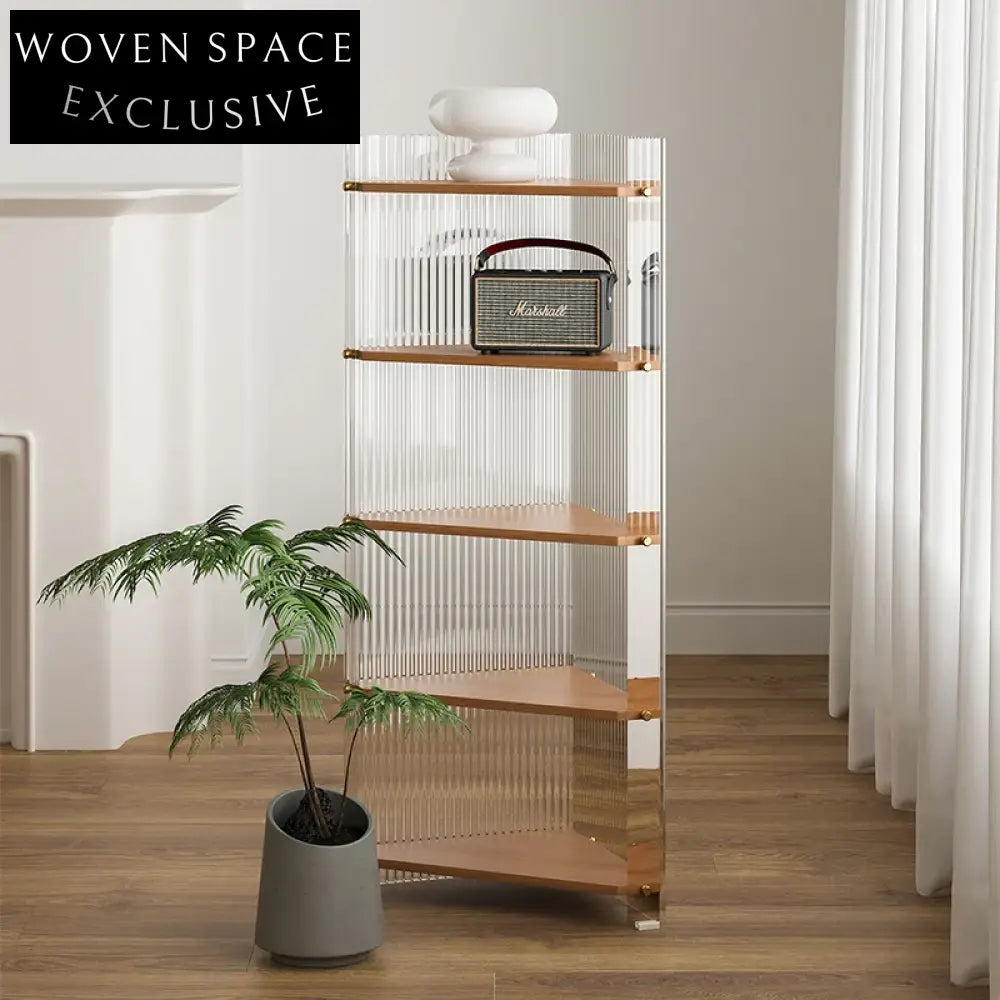 Stylish Corner Glass Wood Display Storage Rack, Modern Triangular Shelf Unit