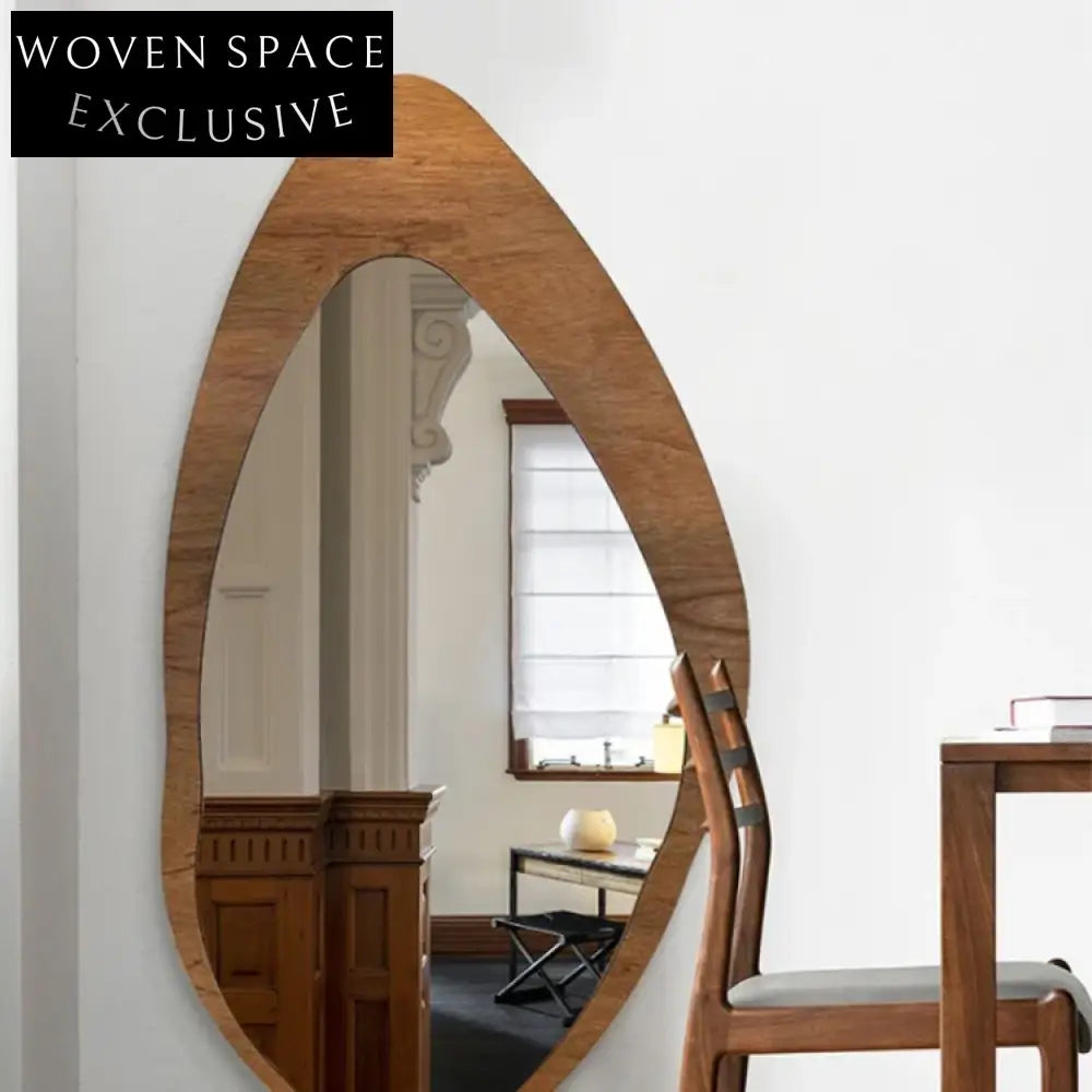 Stylish Irregular Full Length Floor Mirror, Walnut Wood Frame, Modern Decor