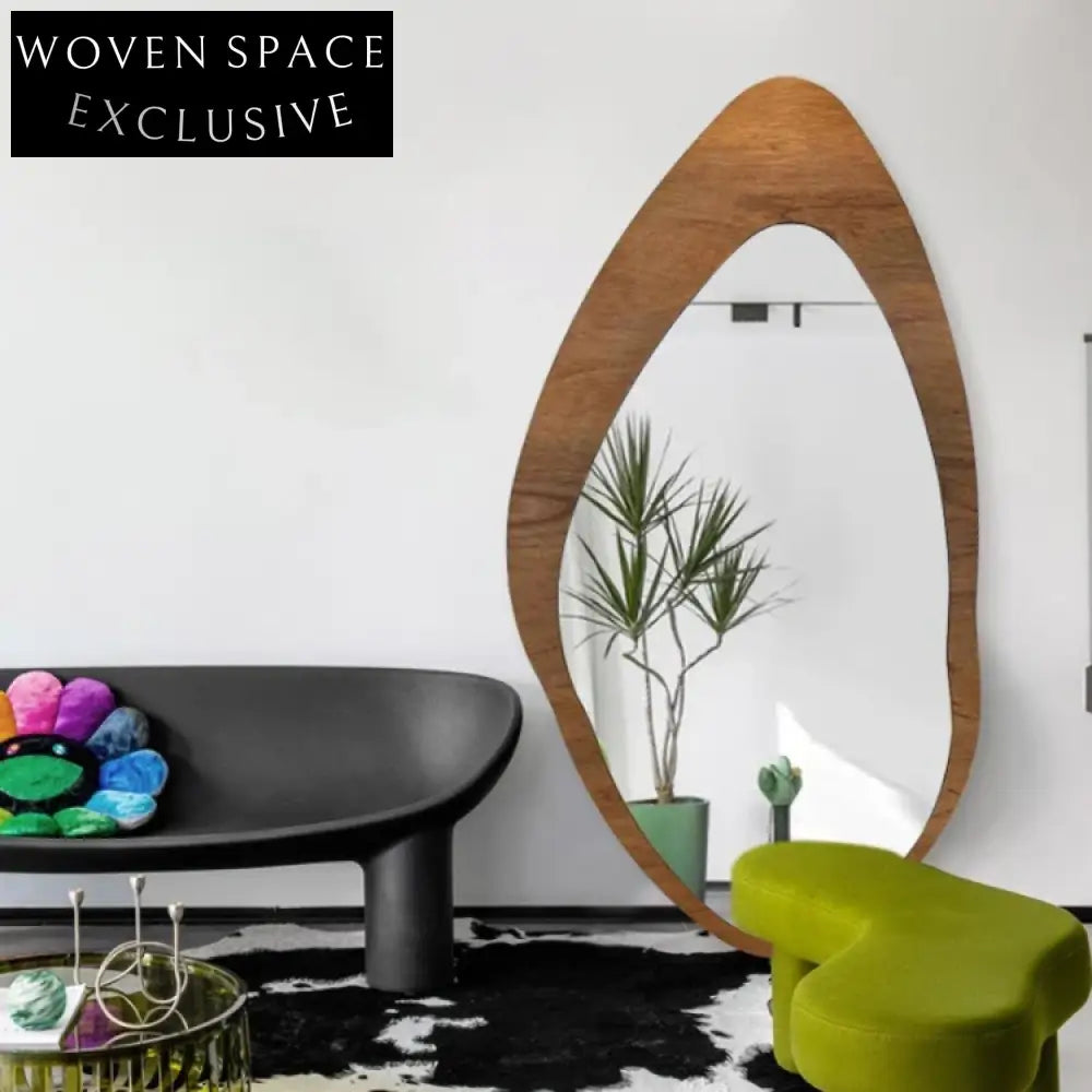 Stylish Irregular Full Length Floor Mirror, Walnut Wood Frame, Modern Decor