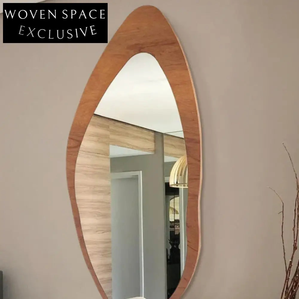 Stylish Irregular Full Length Floor Mirror, Walnut Wood Frame, Modern Decor