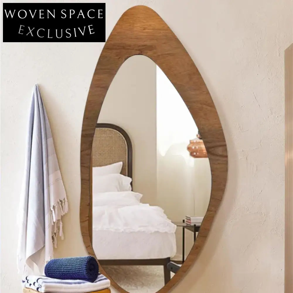 Stylish Irregular Full Length Floor Mirror, Walnut Wood Frame, Modern Decor
