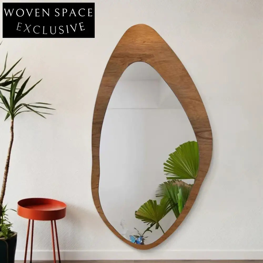 Stylish Irregular Full Length Floor Mirror, Walnut Wood Frame, Modern Decor