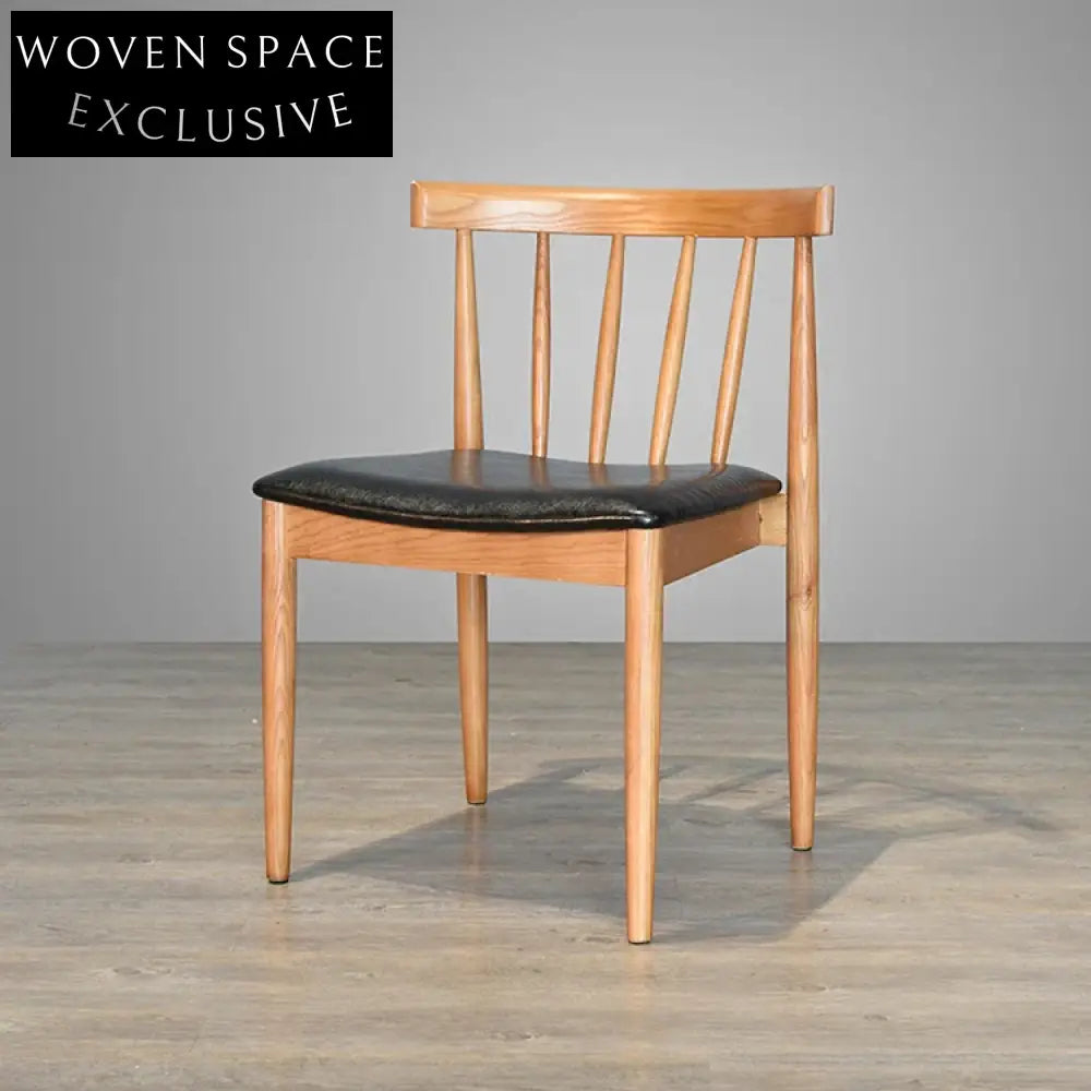 Stylish Japanese Solid Wood Windsor Dining Chair with Comfy Leather Seat