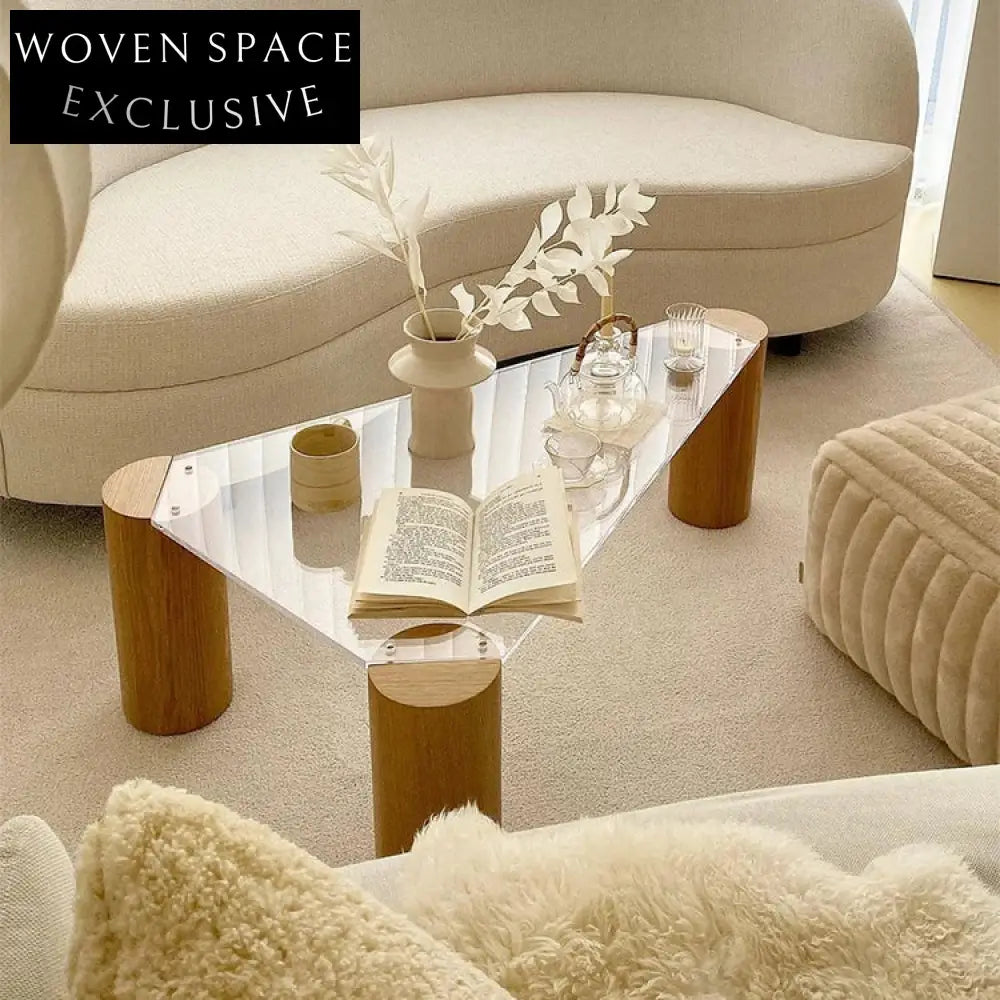 Stylish Modern Japanese Design Glass Top Wooden Base Triangle Coffee Table