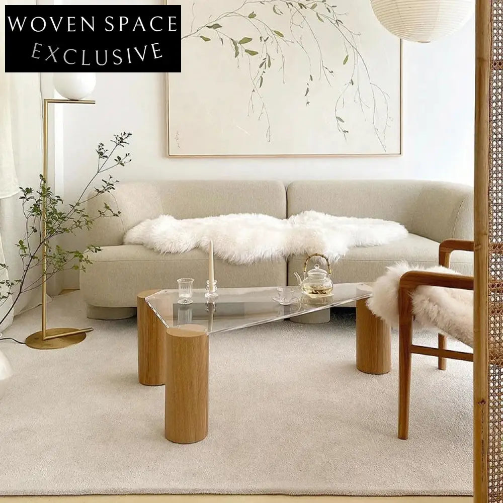 Stylish Modern Japanese Design Glass Top Wooden Base Triangle Coffee Table