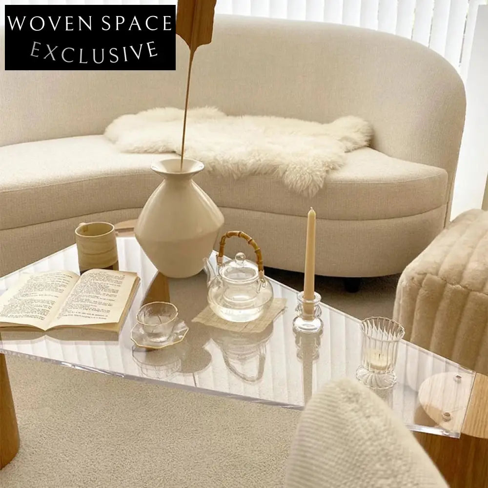 Stylish Modern Japanese Design Glass Top Wooden Base Triangle Coffee Table