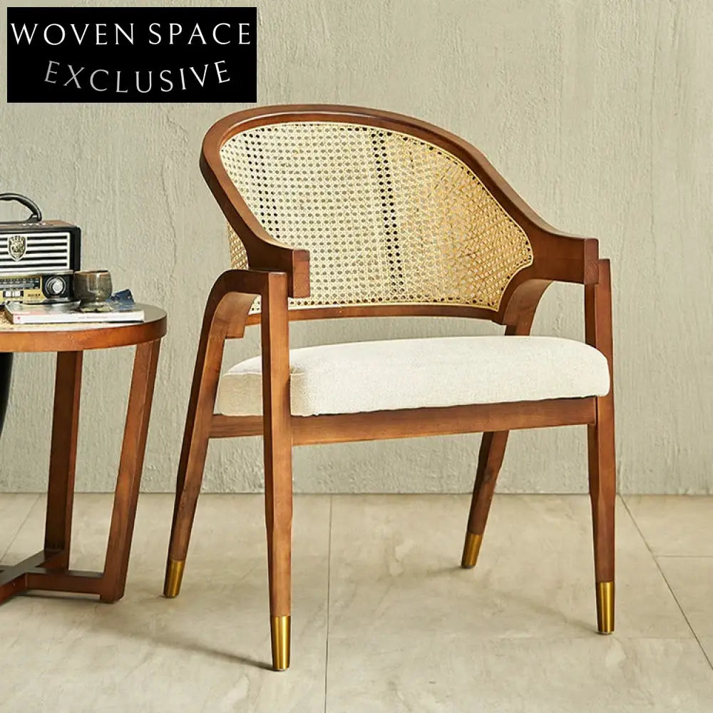 Stylish Modern Wooden Dining Chair, Rattan Backrest, Cushioned Seat Armchair