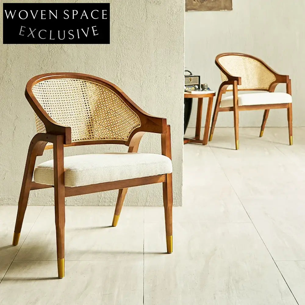 Stylish Modern Wooden Dining Chair, Rattan Backrest, Cushioned Seat Armchair