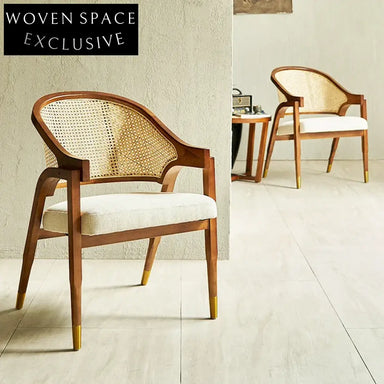 Stylish Modern Wooden Dining Chair, Rattan Backrest, Cushioned Seat Armchair