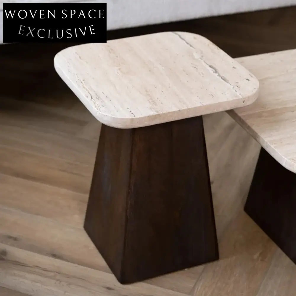 Stylish Nordic Modern Rectangle Marble Travertine Coffee Table with Elm Wood Base