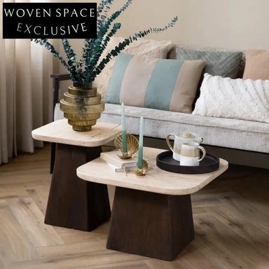 Stylish Nordic Modern Rectangle Marble Travertine Coffee Table with Elm Wood Base