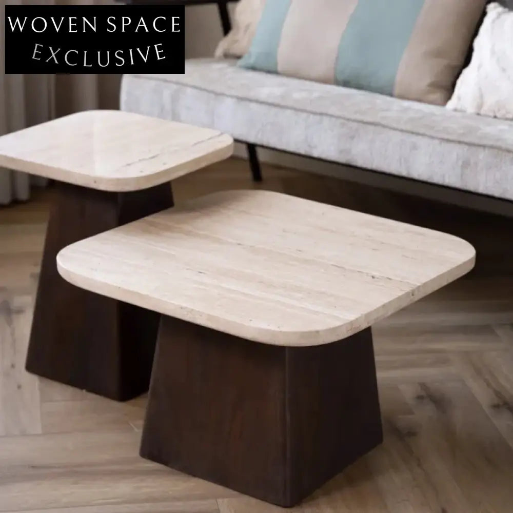 Stylish Nordic Modern Rectangle Marble Travertine Coffee Table with Elm Wood Base