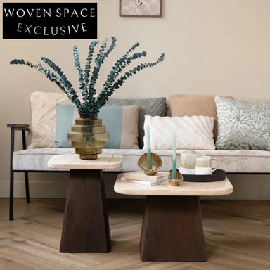 Stylish Nordic Modern Rectangle Marble Travertine Coffee Table with Elm Wood Base