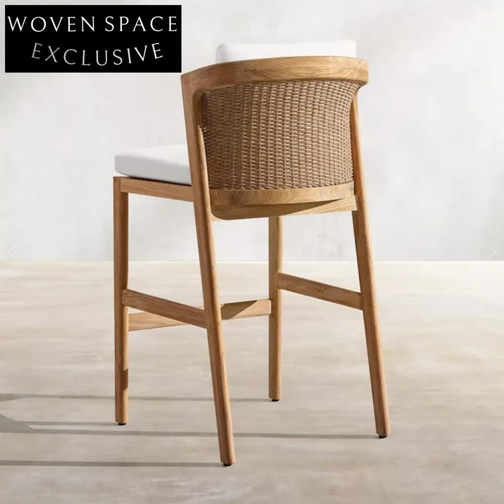 Stylish Outdoor Teak Wood Bar Chair, UV Fabric Cushion, Rattan Backrest