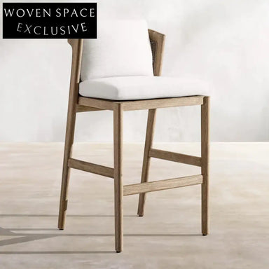 Stylish Outdoor Teak Wood Bar Chair, UV Fabric Cushion, Rattan Backrest