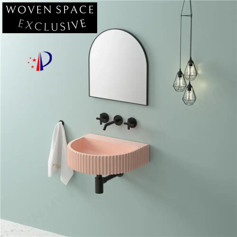 Stylish Pink Wall Hung Concrete Bathroom Sink Basin with Unique Shape