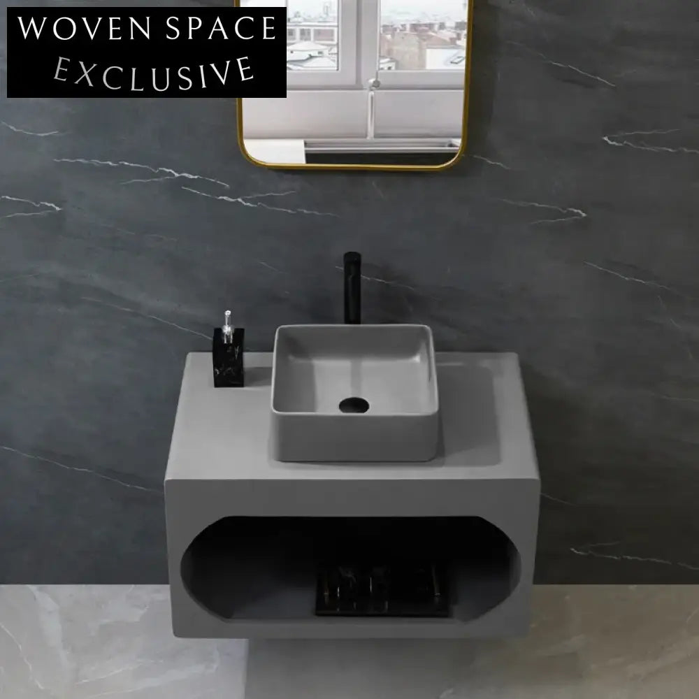 Stylish Wall-Mounted Square Cement Composite Bathroom Sink - Modern Space-Saving Design