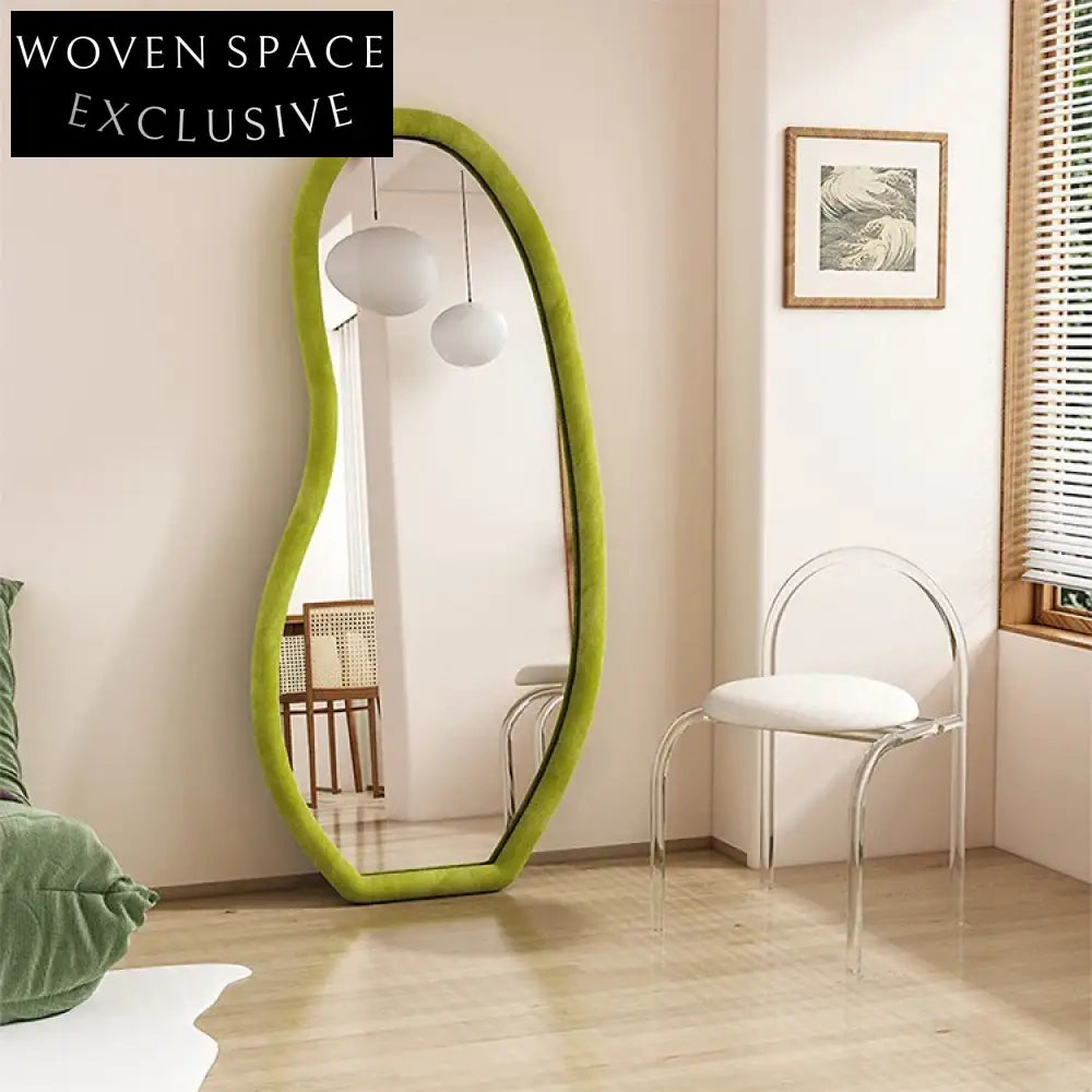 Stylish Wavy Full-Length Standing Mirror with Elegant Velvet Fabric Frame