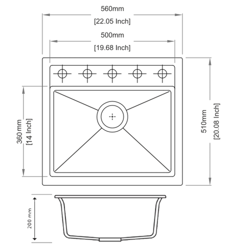560 x 510 x 200mm Carysil Concrete Grey Single Bowl Granite Top/Flush/Under Mount Kitchen/Laundry Sink