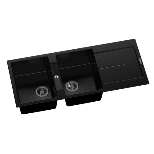 1160 x 500 x 200mm Carysil Black Double Bowl with Drainer Board Granite Kitchen Sink Top Mount