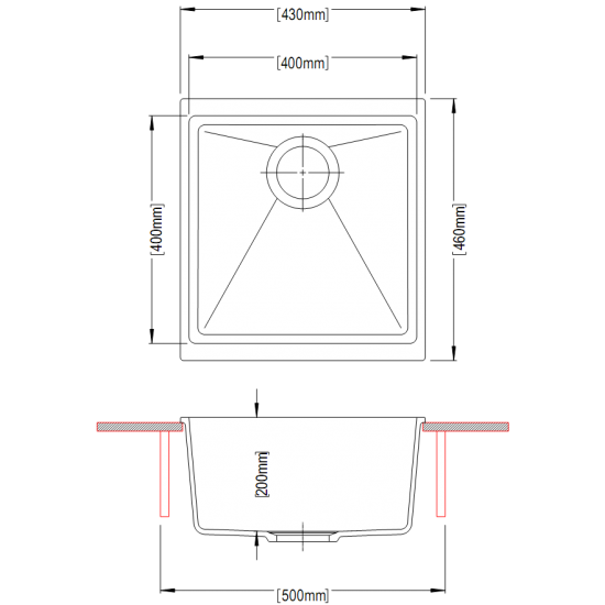 430 x 460 x 200mm Carysil Single Bowl Granite Kitchen/Laundry Sink Top/Flush/Under Mount