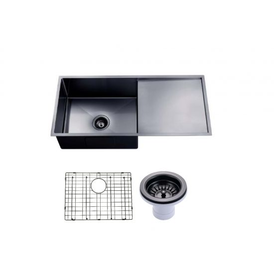 304 Stainless Steel Gun Metal Grey PVD Coating Single Bowl Kitchen Sink with Drainer(Round Edges,with Bottom Tray)960*450*230mm