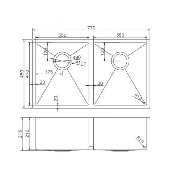770x450x215mm 1.2mm Handmade Top/Undermount Double Bowls Kitchen Sink