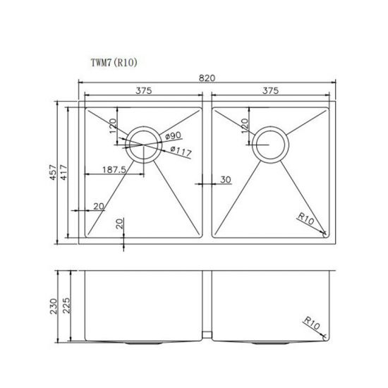 820x457x230mm 1.2mm Handmade Top/Undermount Double Bowls Kitchen Sink