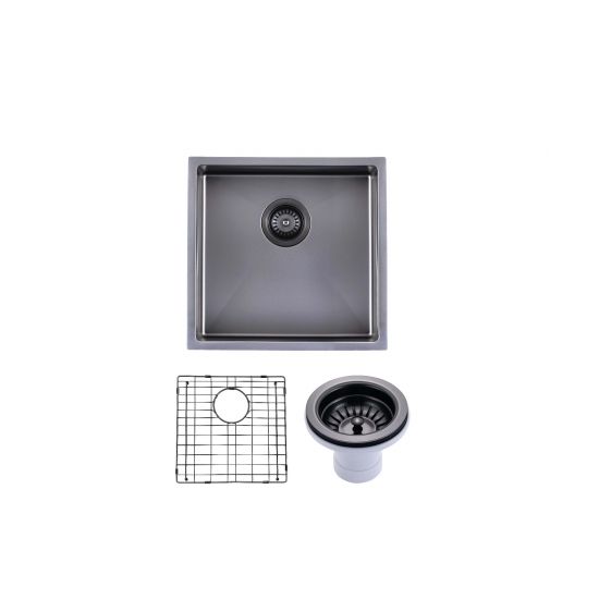 Round Corner Stainless Steel Gun Metal Grey PVD Coating Single Bowl Kitchen Sink(with Bottom Tray) 440*440*205mm