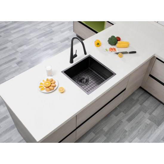 Round Corner Stainless Steel Gun Metal Grey PVD Coating Single Bowl Kitchen Sink(with Bottom Tray) 440*440*205mm