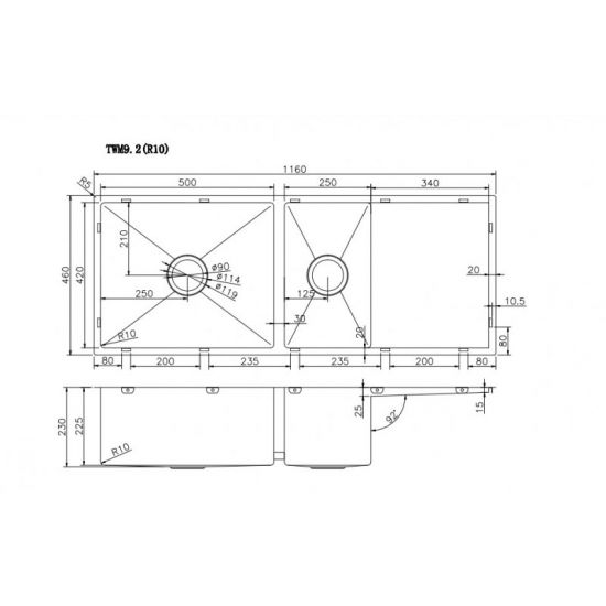 1160x460x230mm Handmade Kitchen Sink One and Half Double Bowls with Drainer Board