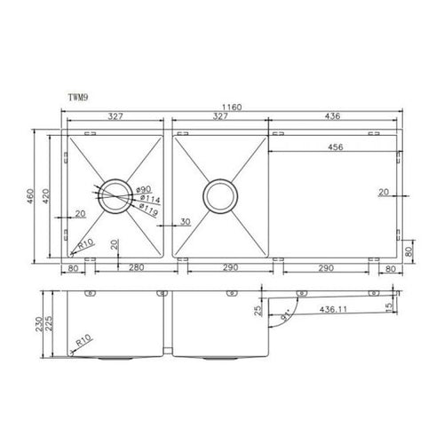 1160x460x230mm 1.2mm Handmade Top/Undermount Double Bowls Kitchen Sink