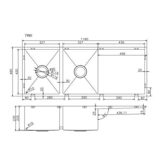 304 Stainless Steel PVD Coating Double Bowl Kitchen Sink with Drainer(Round Edges,with Bottom Tray)1160*460*230mm