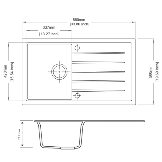 860 x 500 x 205mm Carysil Concrete Single Bowl With Drainer Board Granite Kitchen Sink Top/Flush/Under Mount