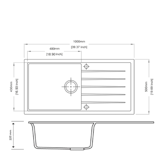 1000 x 500 x 220mm Carysil Concrete Grey Single Bowl With Drainer Board Granite Kitchen Sink Top/Flush/Under Mount