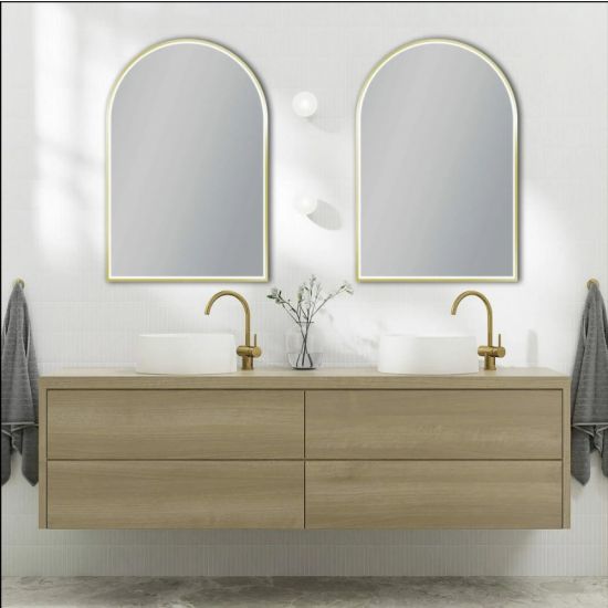 600*900mm Arch 3 Color Lighting Brushed Gold Aluminum Framed Front Hidden LED Mirror with Touch Sensor Switch
