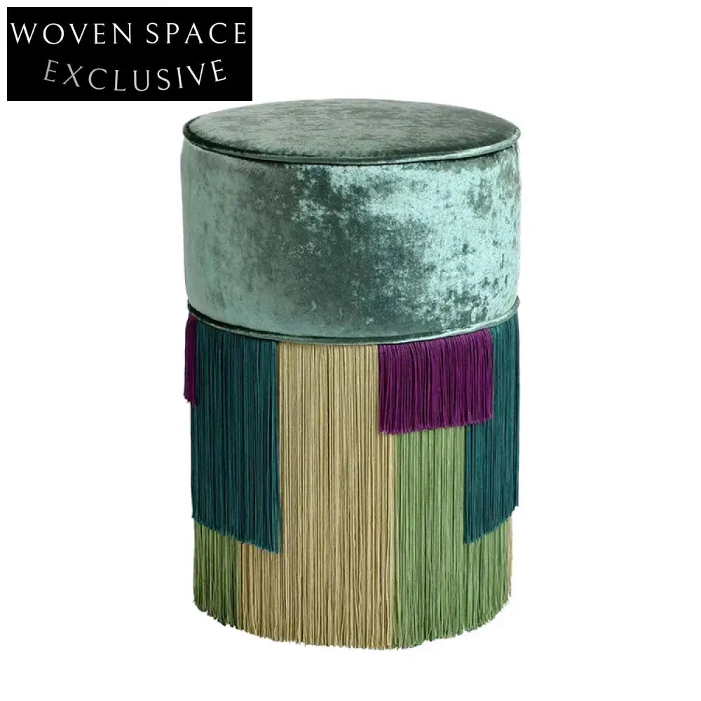 Velvet Round Ottoman Stool with Tassels - Mid-Century Accent Footrest