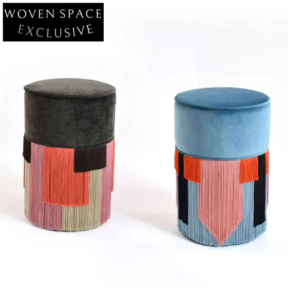 Velvet Round Ottoman Stool with Tassels - Mid-Century Accent Footrest