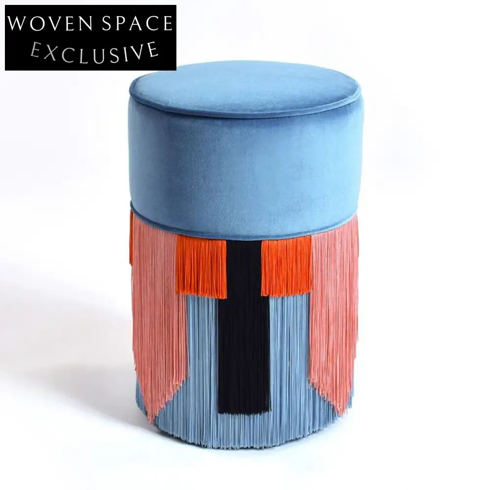 Velvet Round Ottoman Stool with Tassels - Mid-Century Accent Footrest