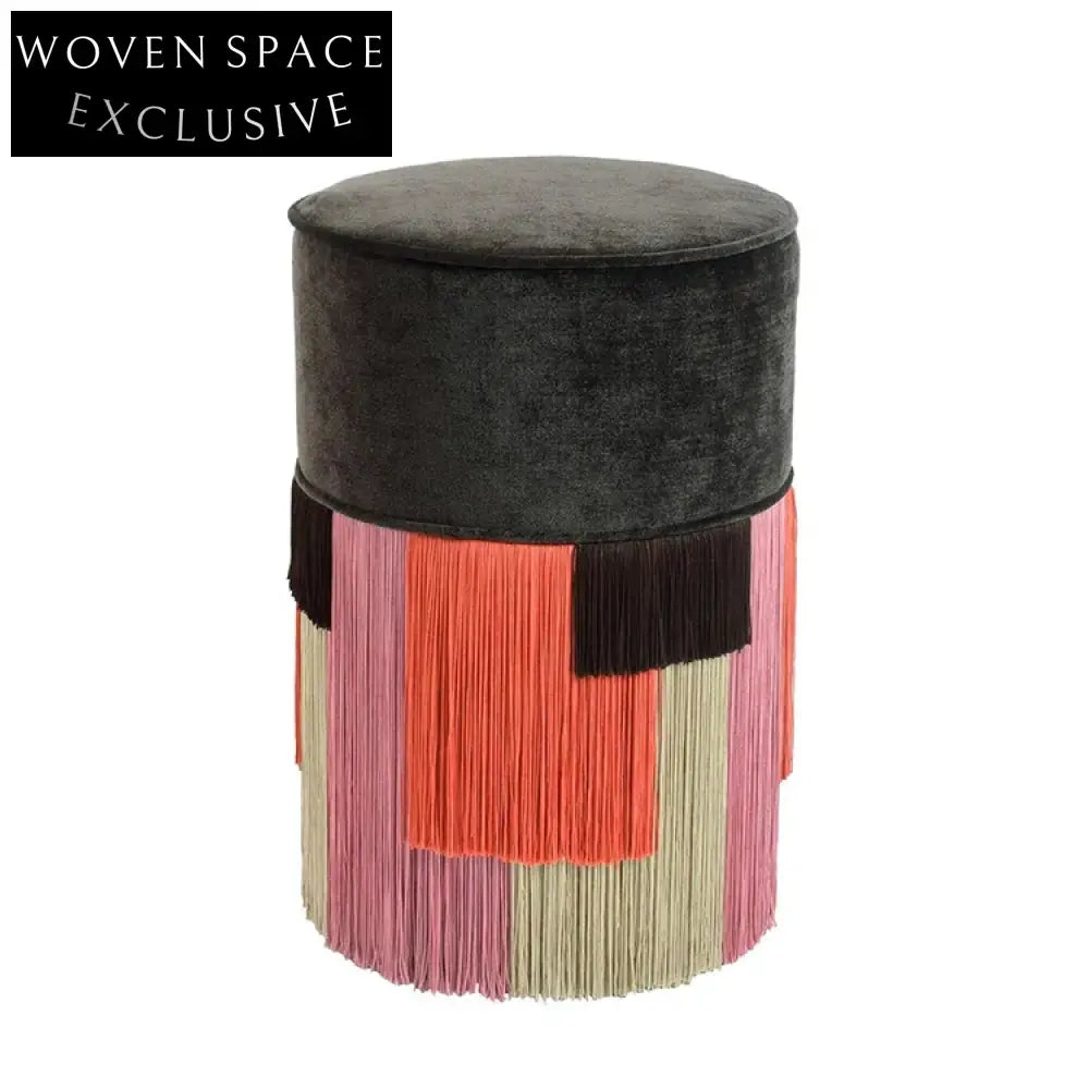 Velvet Round Ottoman Stool with Tassels - Mid-Century Accent Footrest