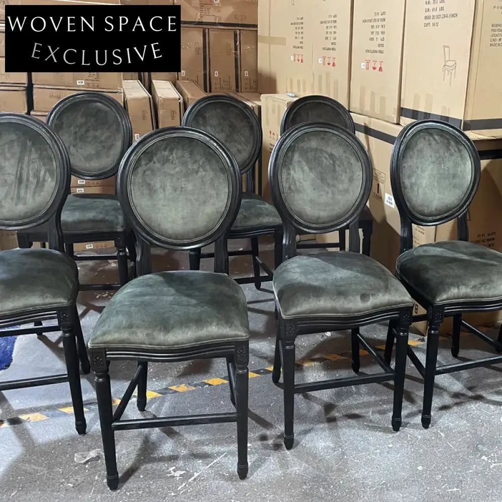 French Classic Solid Oak Louis Velvet Bar Stool Dining Chair