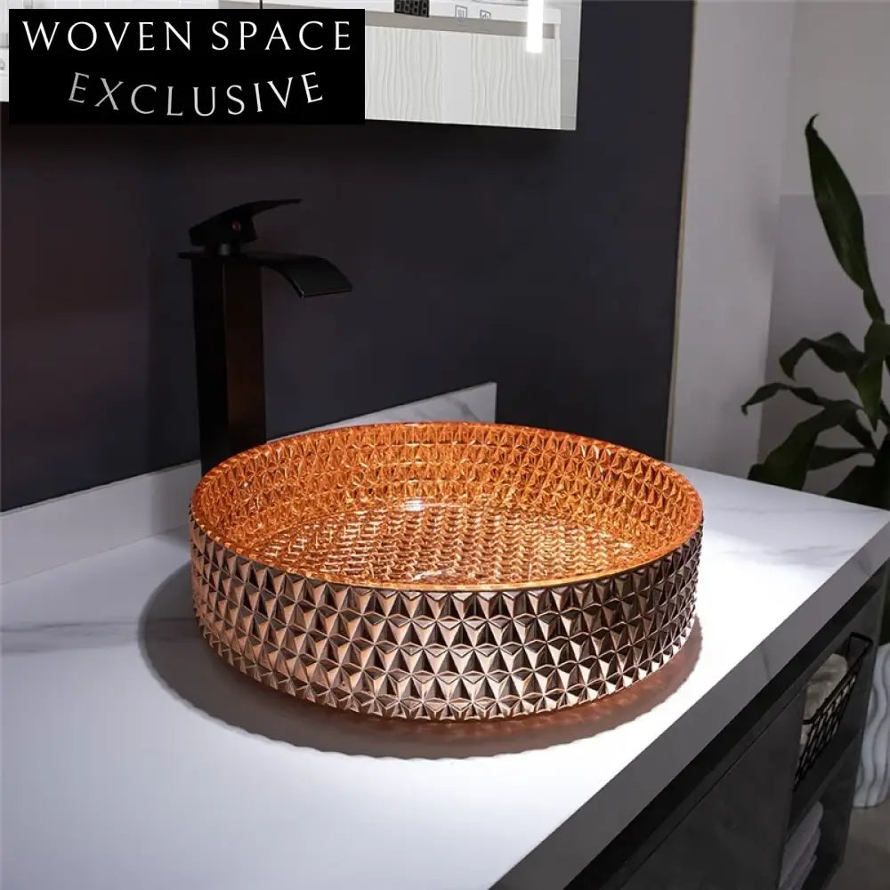 Vibrant Orange Diamond Tempered Glass Vessel Sink for Modern Bathrooms