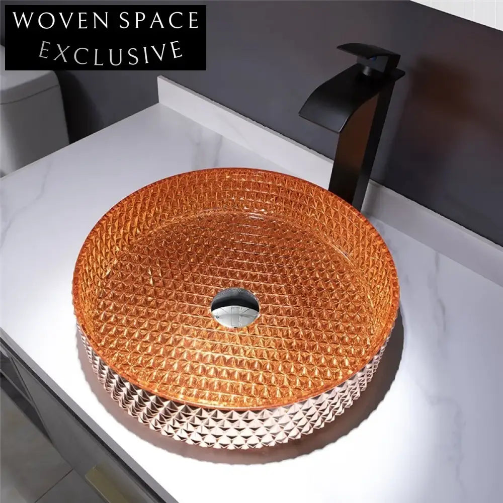 Vibrant Orange Diamond Tempered Glass Vessel Sink for Modern Bathrooms