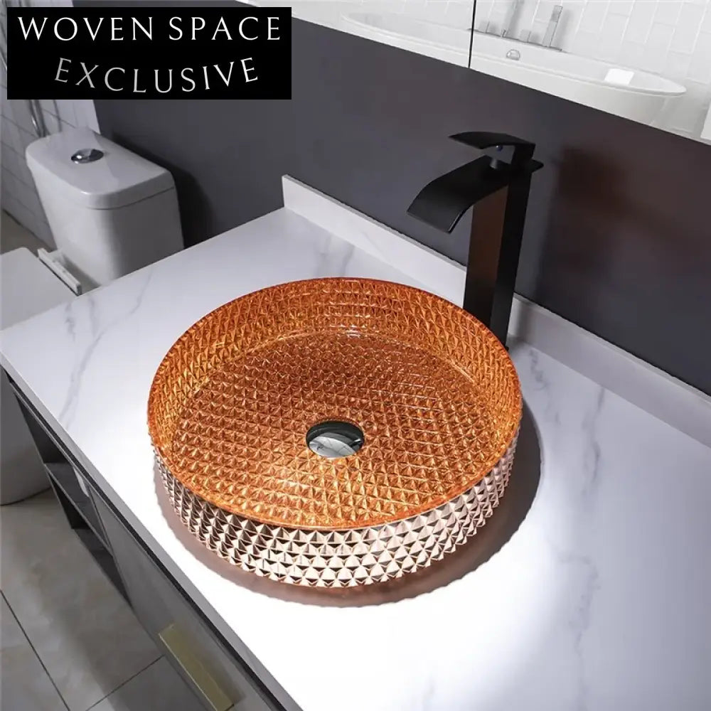 Vibrant Orange Diamond Tempered Glass Vessel Sink for Modern Bathrooms