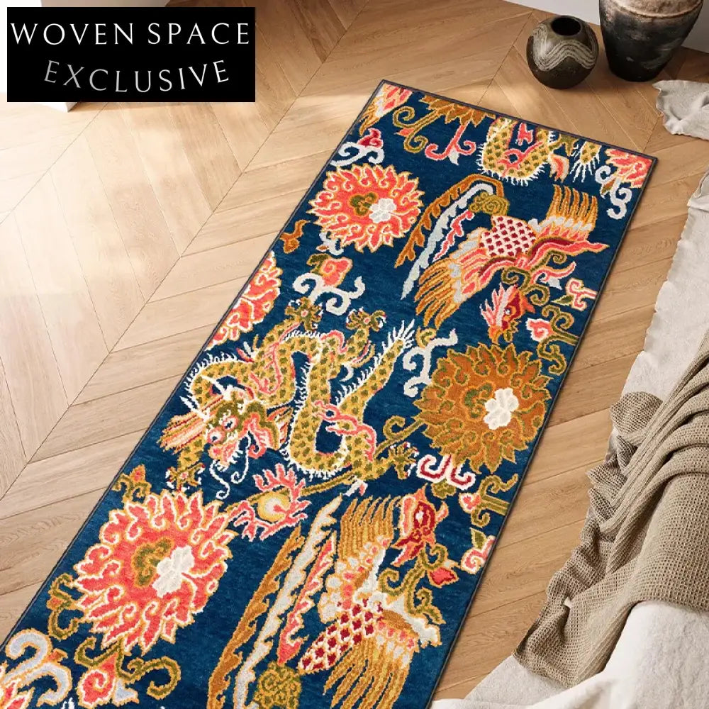 Vibrant Retro Chinese Ethnic Polyester Floor Mat - Machine Washable Area Rug