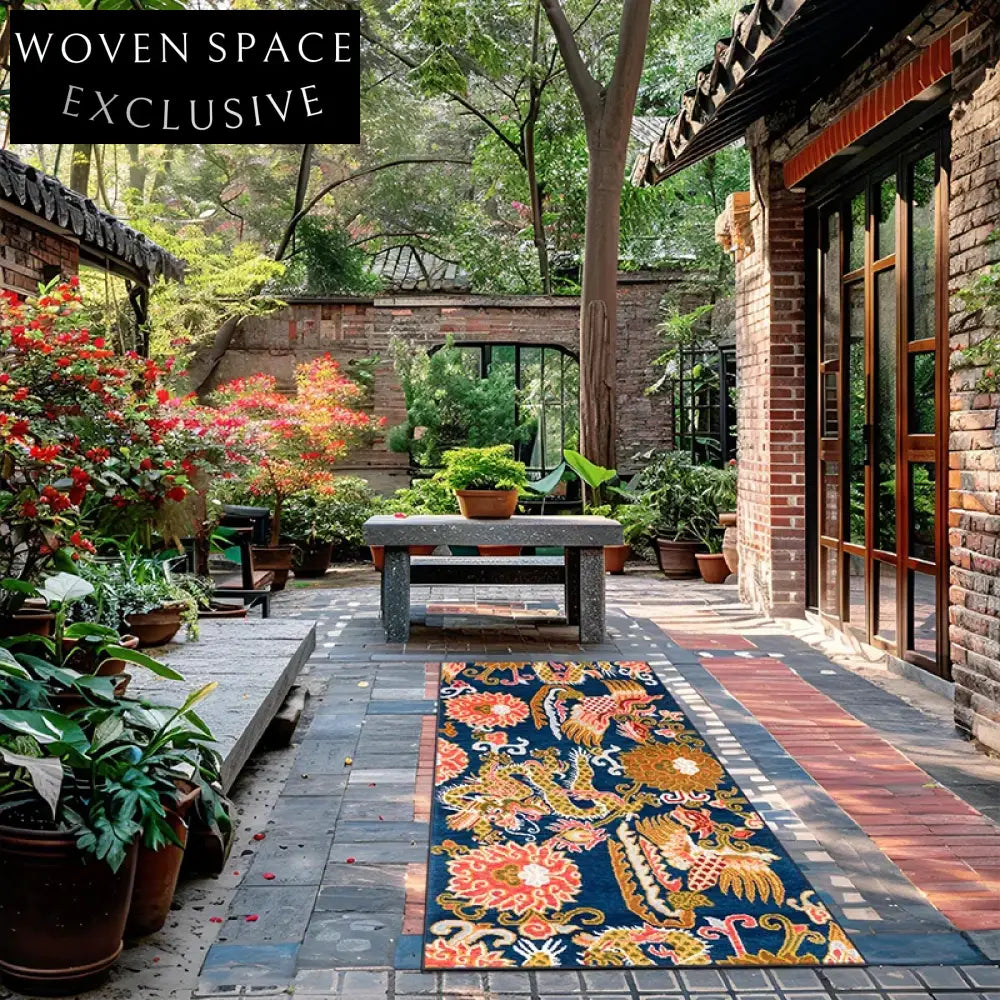 Vibrant Retro Chinese Ethnic Polyester Floor Mat - Machine Washable Area Rug